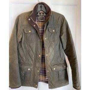 Barbour Quilted Waxed Cotton Jacket, Original Tartan, Olive Green, Size 6
